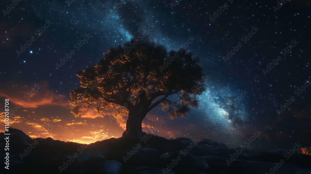 Lone tree silhouetted against a vibrant night sky filled with stars and the Milky Way galaxy during sunset. Lone tree silhouetted against a vibrant night sky filled with stars and the Milky Way galaxy during sunset.