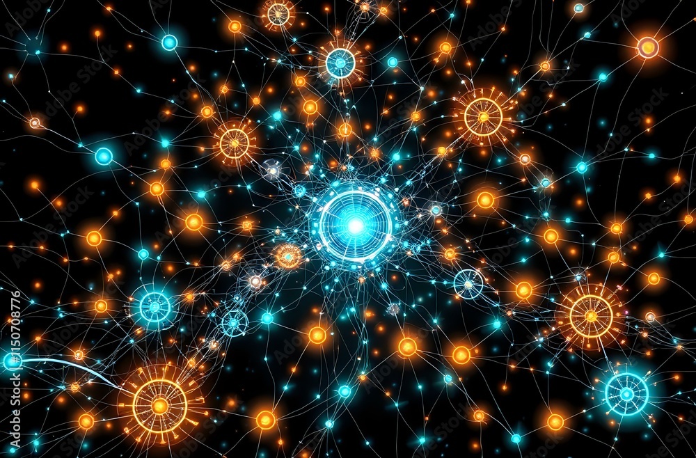 Obraz premium Interstellar Connection: Blue Giant with Orange Companions Amidst Stars