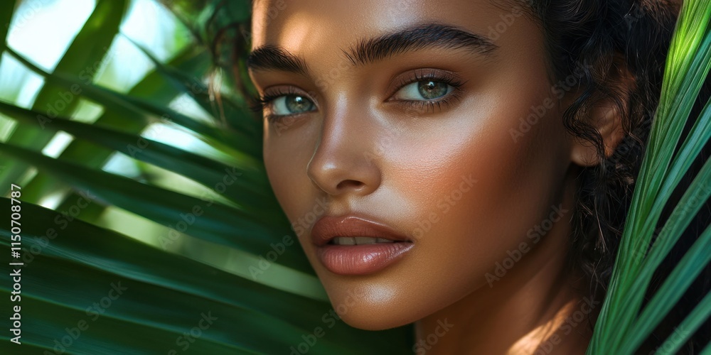 A model with striking features poses amidst vibrant palm leaves, showcasing her radiant skin and captivating gaze in a tropical environment. Generative AI A model with striking features poses amidst vibrant palm leaves, showcasing her radiant skin and captivating gaze in a tropical environment. Generative AI