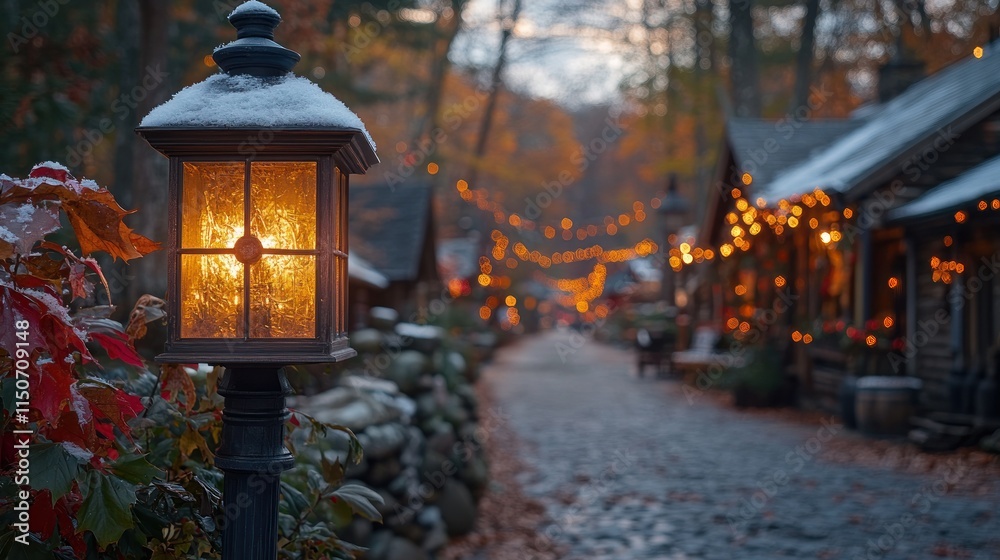 Snowy, lantern-lit autumnal village street at dusk. Snowy, lantern-lit autumnal village street at dusk.