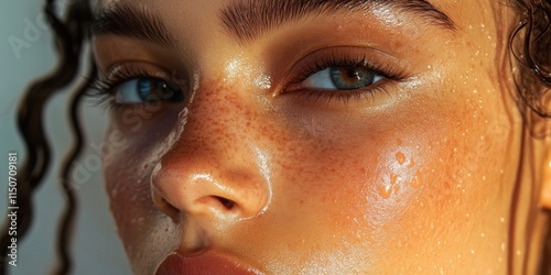 A young woman with glowing skin and freckles gazes confidently at the camera, capturing the warmth of golden hour light on her face. Generative AI