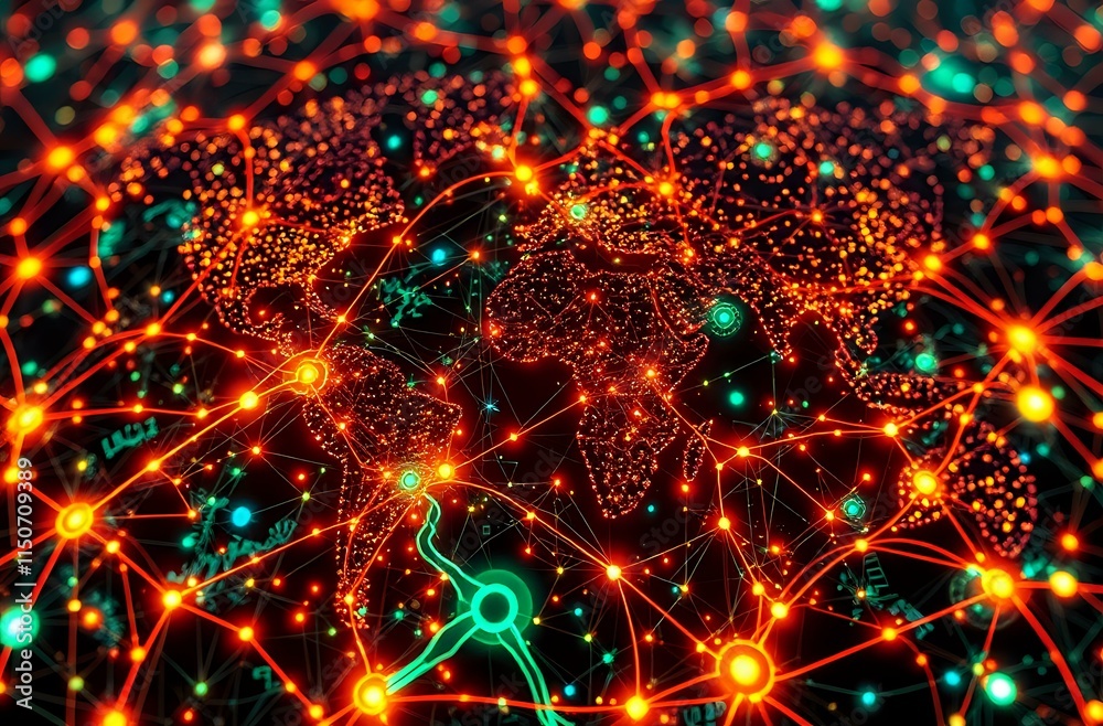 Obraz premium Cybernetic World Map with Quantum Traffic Patterns