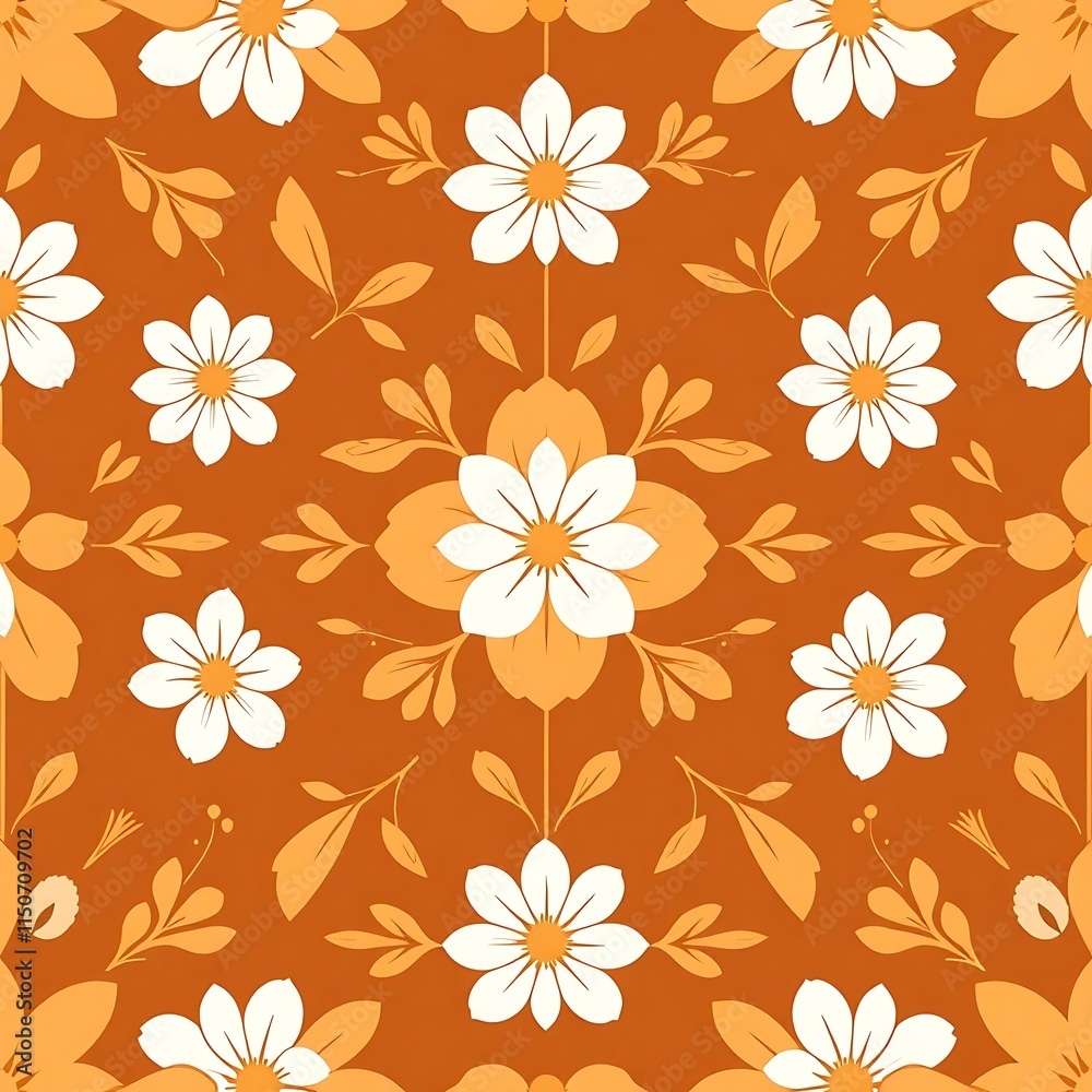 Floral Tile Pattern: A delicate pattern of white daisies and leaves in a warm orange hue, perfect for adding a touch of nature to your designs. Floral Tile Pattern: A delicate pattern of white daisies and leaves in a warm orange hue, perfect for adding a touch of nature to your designs.