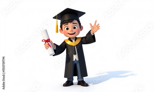 Happy Graduation Day! A 3D Cartoon Boy Celebrates his Academic Achievement, Holding his Diploma and Smiling