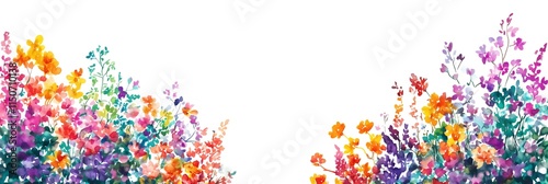A vibrant array of colorful flowers depicted in a watercolor style against a white background.