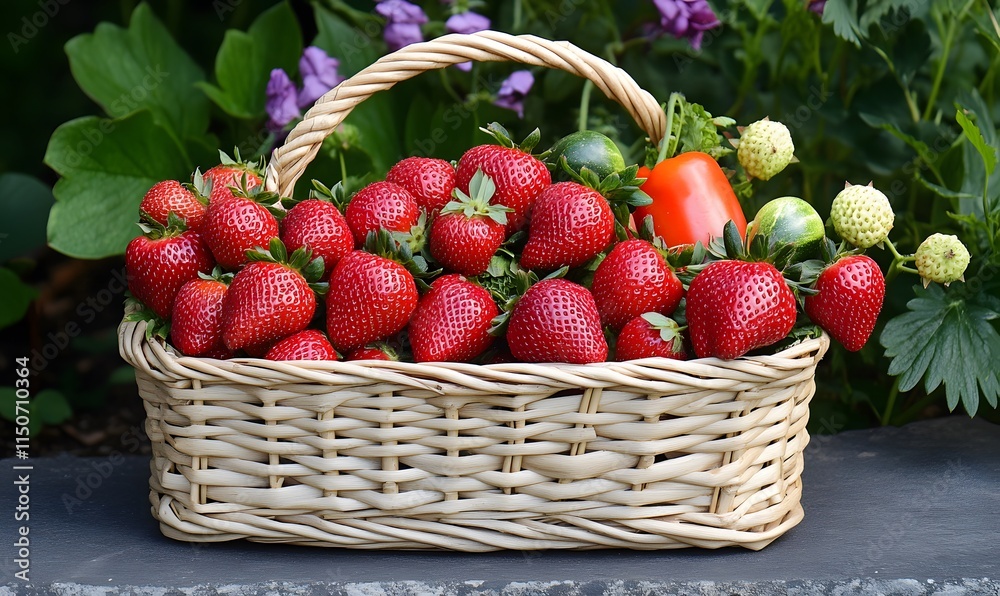 A straw basket filled with strawberries and a few garden vegetables A straw basket filled with strawberries and a few garden vegetables