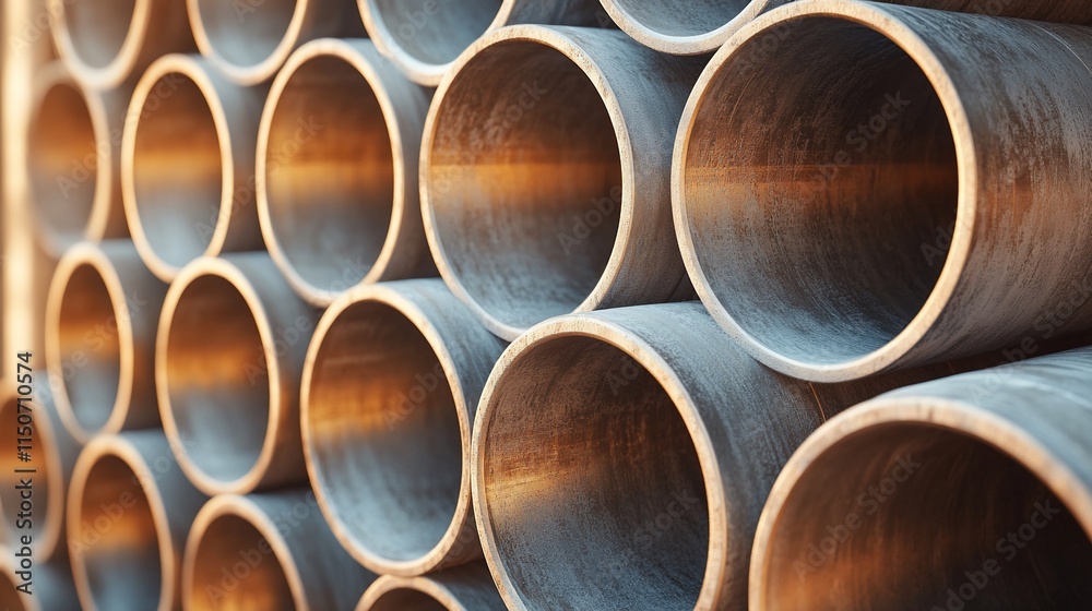 Close-up view of stacked cylindrical metal pipes, showcasing industrial design. Close-up view of stacked cylindrical metal pipes, showcasing industrial design.