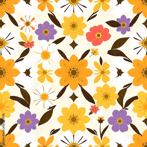 Floral Fiesta: A vibrant, seamless pattern bursts with cheerful yellow, orange, and purple flowers, perfect for adding a touch of spring to any design project. 