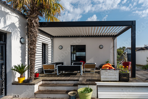 Realistic photo modern design bioclimatic pergola with aluminum slats