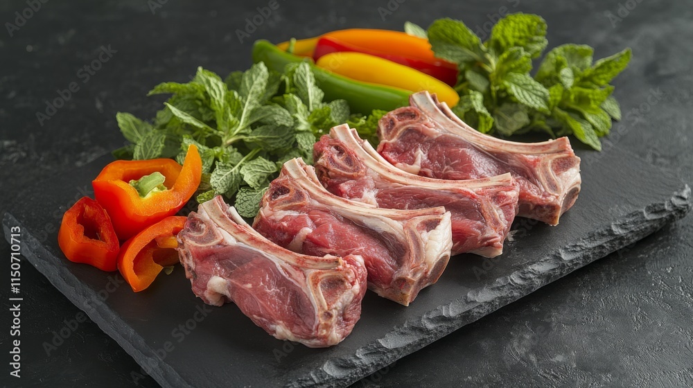 Fresh Lamb Chops with Colorful Peppers and Mint Leaves on Slate Fresh Lamb Chops with Colorful Peppers and Mint Leaves on Slate