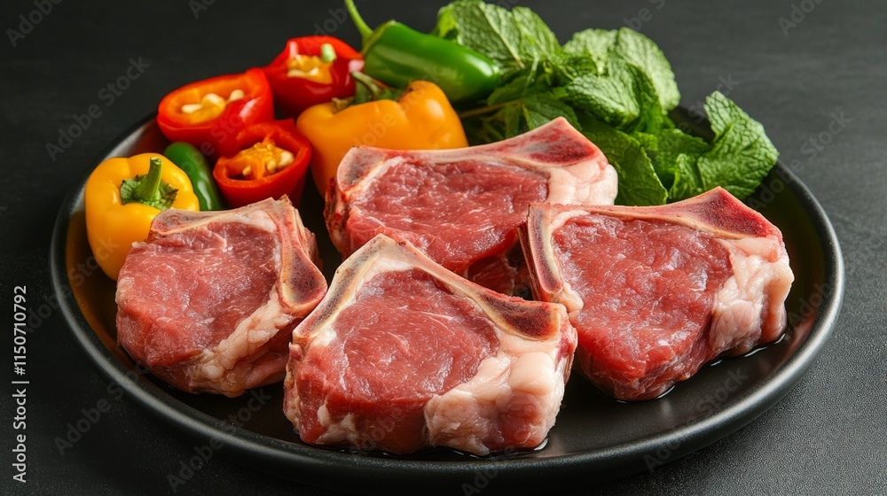 Fresh Lamb Chops with Colorful Bell Peppers and Mint Leaves Fresh Lamb Chops with Colorful Bell Peppers and Mint Leaves