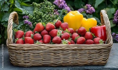 A straw basket filled with strawberries and a few garden vegetables