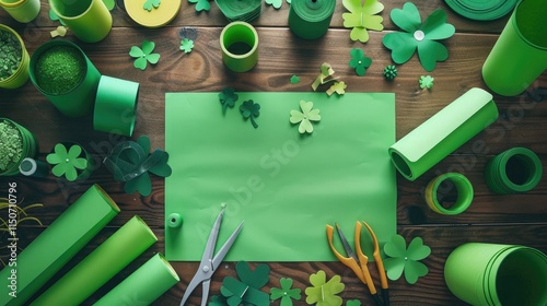 A craft table filled with green paper, scissors, and glue for making St. Patrick’s Day decorations