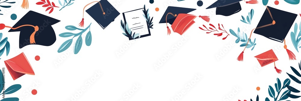 Obraz premium A vibrant banner featuring graduation caps and diplomas surrounded by colorful foliage and confetti.