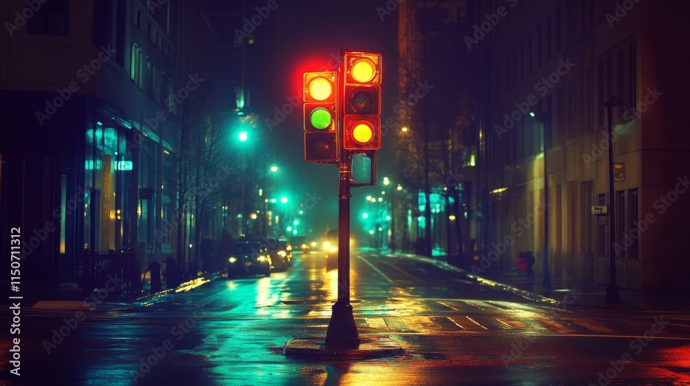 Fototapeta premium Empty urban street at night with illuminated traffic lights glowing
