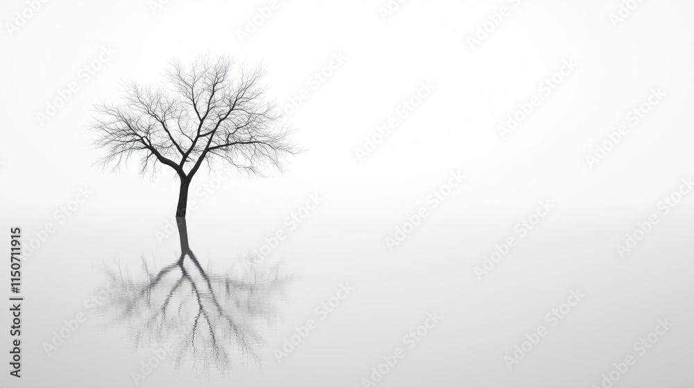 Obraz premium Lonely tree in mirrored fog reflection.
