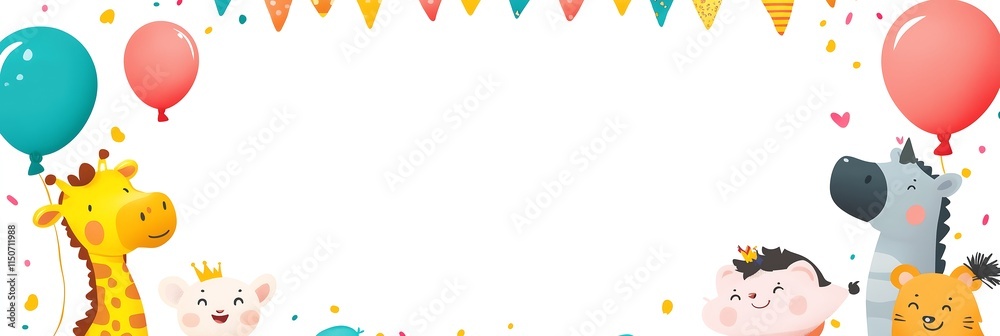 Obraz premium A cheerful animal-themed banner with balloons and cute cartoon characters celebrating a special occasion.
