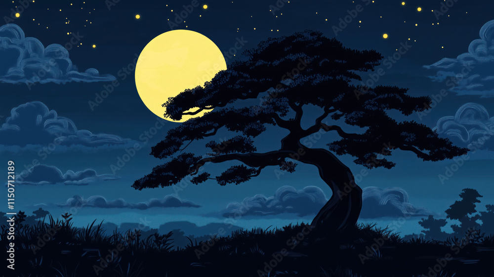 Silhouette of a lone tree under the full moonlight Silhouette of a lone tree under the full moonlight