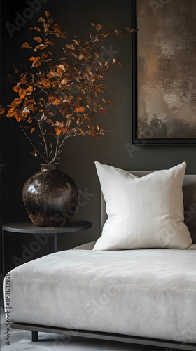 cozy sofa one single seat and one small side table with a large vase with autumn leaves in it on the side table dark and moody background wall with a black wooden frame photo