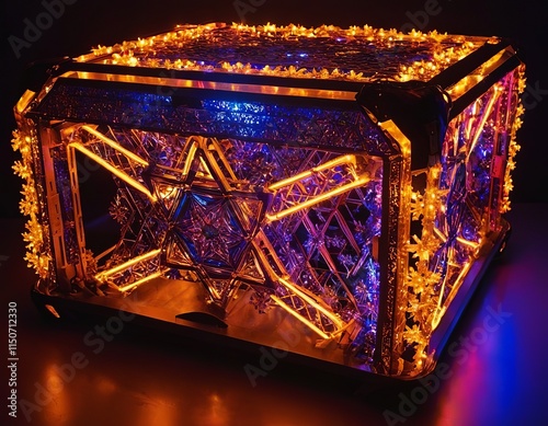 A vibrant illuminated gift box adorned with colorful lights and intricate decorations. photo