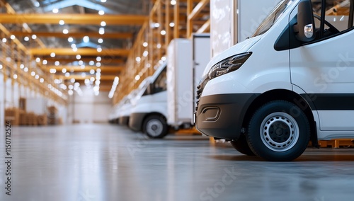 A warehouse interior with delivery vans parked for logistics operations.