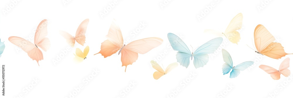 A delicate arrangement of pastel-colored butterflies in various sizes, symbolizing transformation and beauty.
