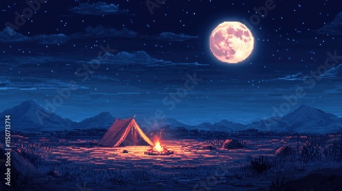 Pixel art desert scene with a tent under a full moon, twinkling stars, and a campfire casting a soft glow on the sand