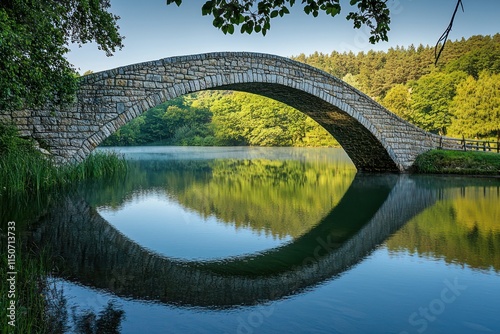 Picturesque stone bridge spanning a calm lake, with reflection shimmering in the water