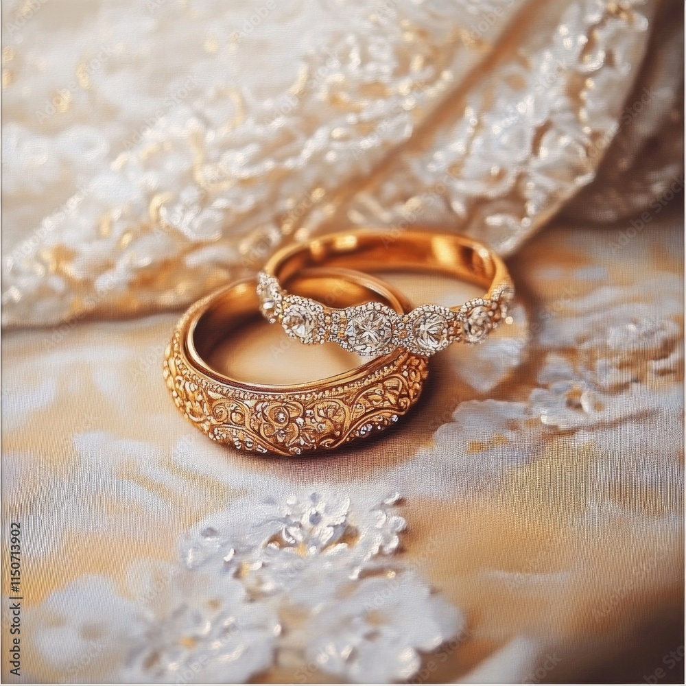 Ornate gold and diamond rings on elegant brocade fabric Ornate gold and diamond rings on elegant brocade fabric