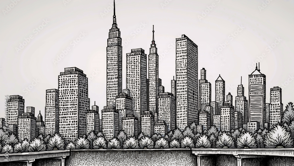Fototapeta premium Black and White Drawing of a Cityscape with Tall Buildings