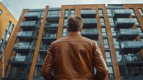 Man admiring a modern apartment building.