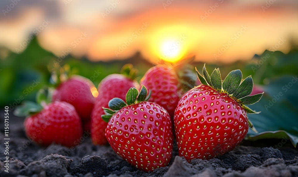 Strawberries in the garden with a vivid sunrise sky in the background