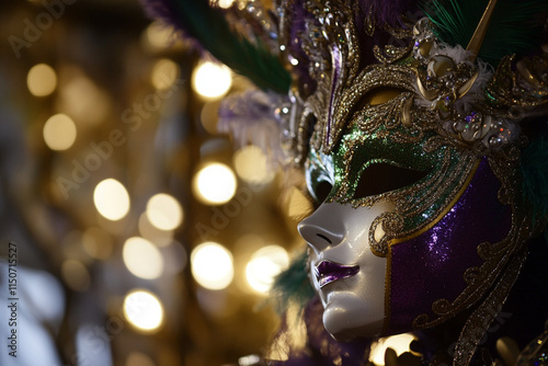 Mardi Gras mask with intricate designs, glitter, and feathers, set in a lively festive atmosphere. Perfect for capturing the vibrant spirit of the carnival photo