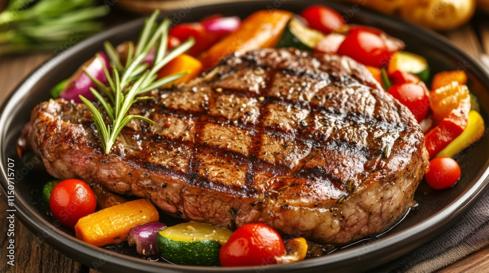 Grilled Steak with Fresh Vegetables and Aromatic Herbs on Plate Grilled Steak with Fresh Vegetables and Aromatic Herbs on Plate