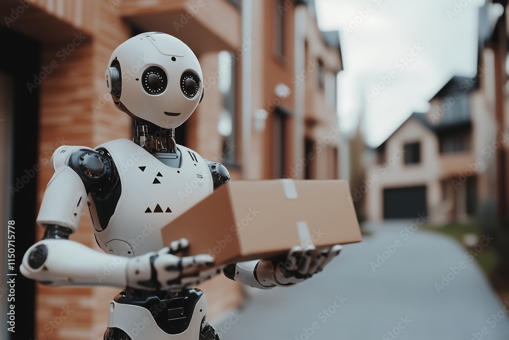 A humanoid robot delivers a package in a modern suburban neighborhood. A humanoid robot delivers a package in a modern suburban neighborhood.