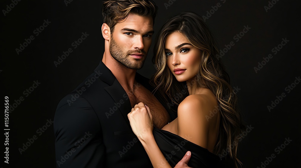 Woman in elegant black dress held by man. He has short brown hair, stubble, formal attire. Romantic moment, high contrast, studio lighting. Woman in elegant black dress held by man. He has short brown hair, stubble, formal attire. Romantic moment, high contrast, studio lighting.