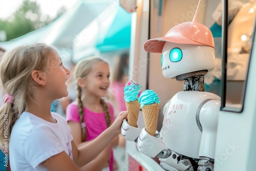 A young girl delightedly receives colorful ice cream from a friendly robot at a festive outdoor event. photo