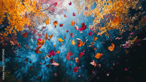 A vibrant abstract representation of a forest in autumn, with colorful leaves falling photo