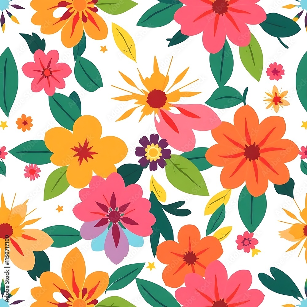 Vibrant Floral Fiesta: A seamless pattern bursting with colorful flowers and lush leaves. Perfect for adding a touch of summery joy to any design project. 