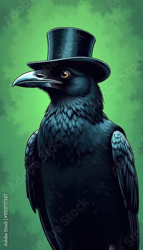 A stylish raven in a top hat against a vibrant green background, perfect for creative projects, branding, or Halloween-themed content. photo