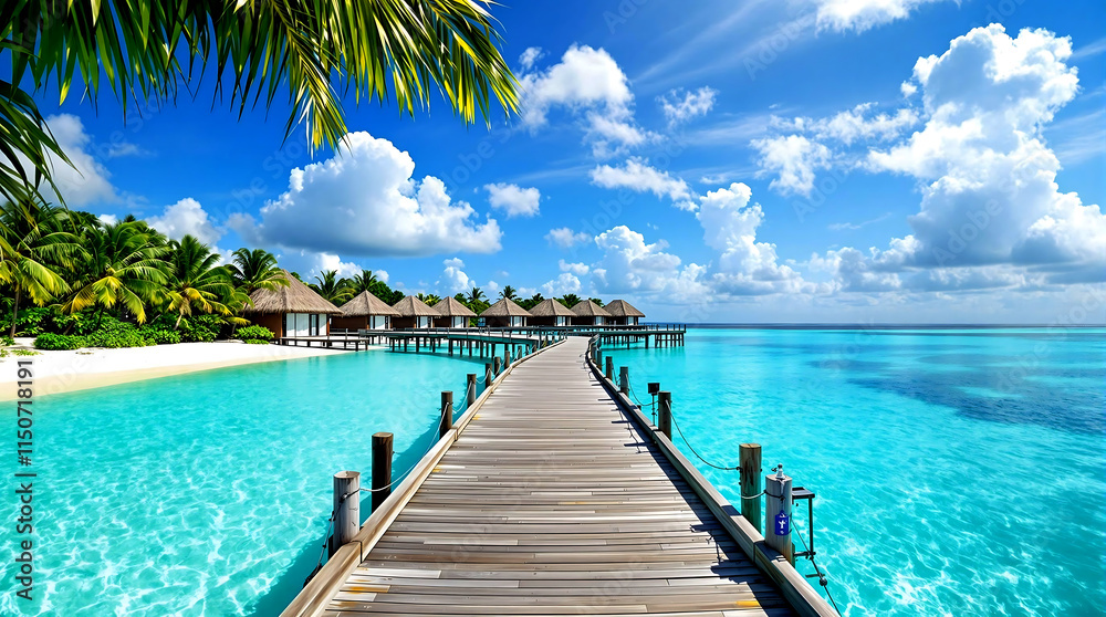 Obraz premium Scenic Tropical Resort with Wooden Pathway and Huts
