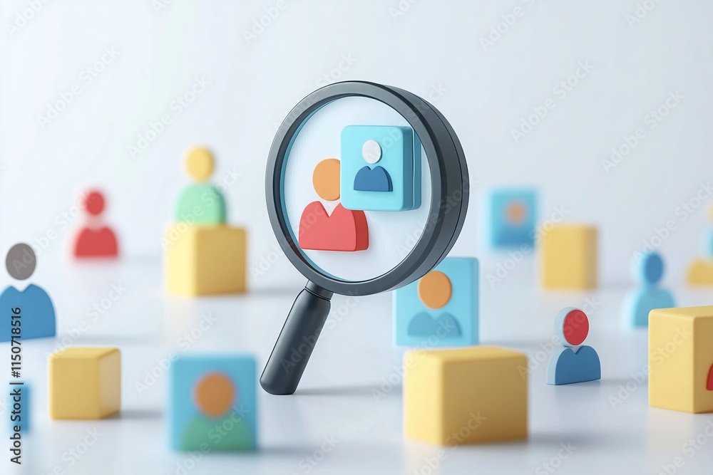 A 3D team hiring icon featuring a magnifying glass, set against a white background. A 3D team hiring icon featuring a magnifying glass, set against a white background.
