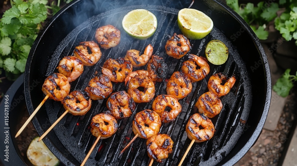 Grilled Shrimp Skewers on Barbecue with Fresh Lime Garnish Grilled Shrimp Skewers on Barbecue with Fresh Lime Garnish