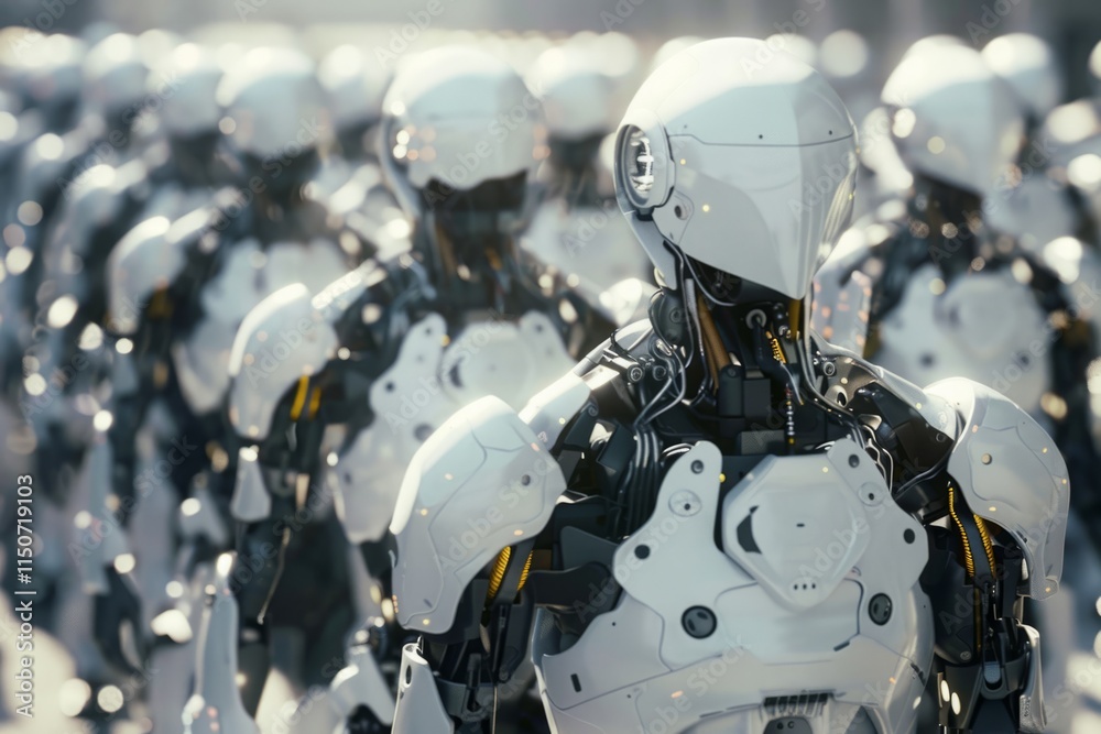 Fototapeta premium A row of robots are lined up in a factory