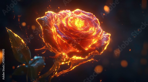 Fiery rose, glowing petals, dark background, sparks. photo