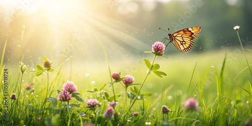 Butterfly perched on clover flower in sunlit meadow with soft golden glow and morning dew