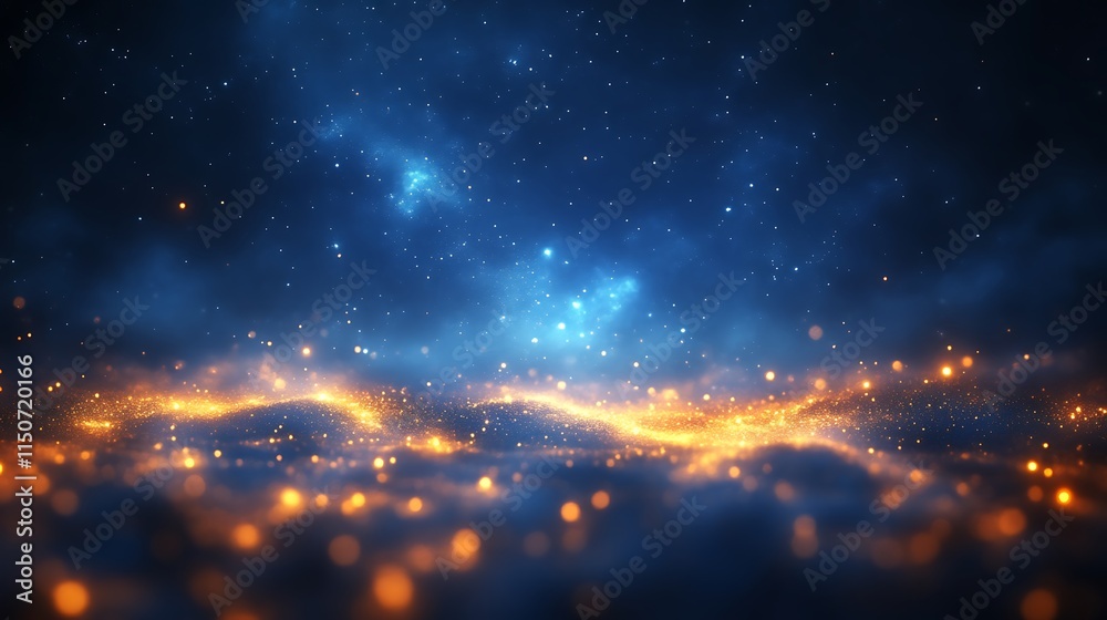 Fototapeta premium Golden sparkles illuminate a dark blue night sky