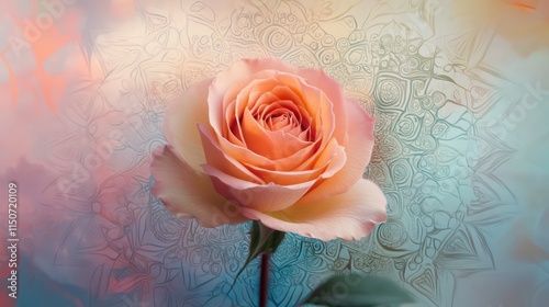 Single peach rose against an ornate mandala background. photo