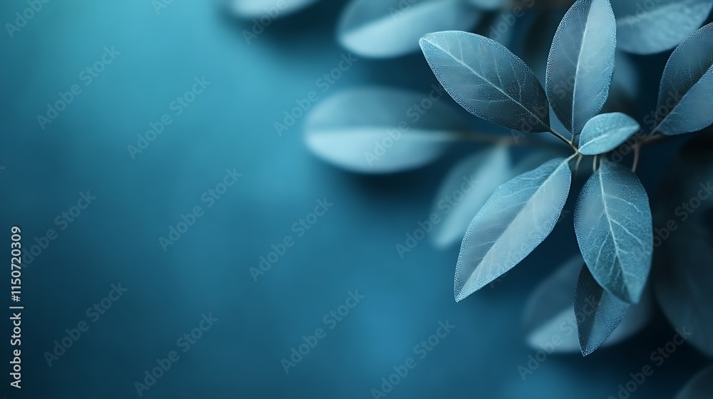 Fototapeta premium Teal Leaves Against A Deep Blue Background
