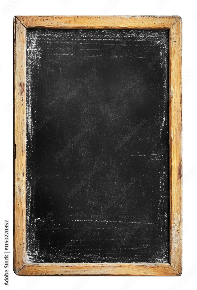 Fototapeta premium An empty vertical black chalkboard with a wooden frame, isolated on transparent background. Perfect for educational design themes